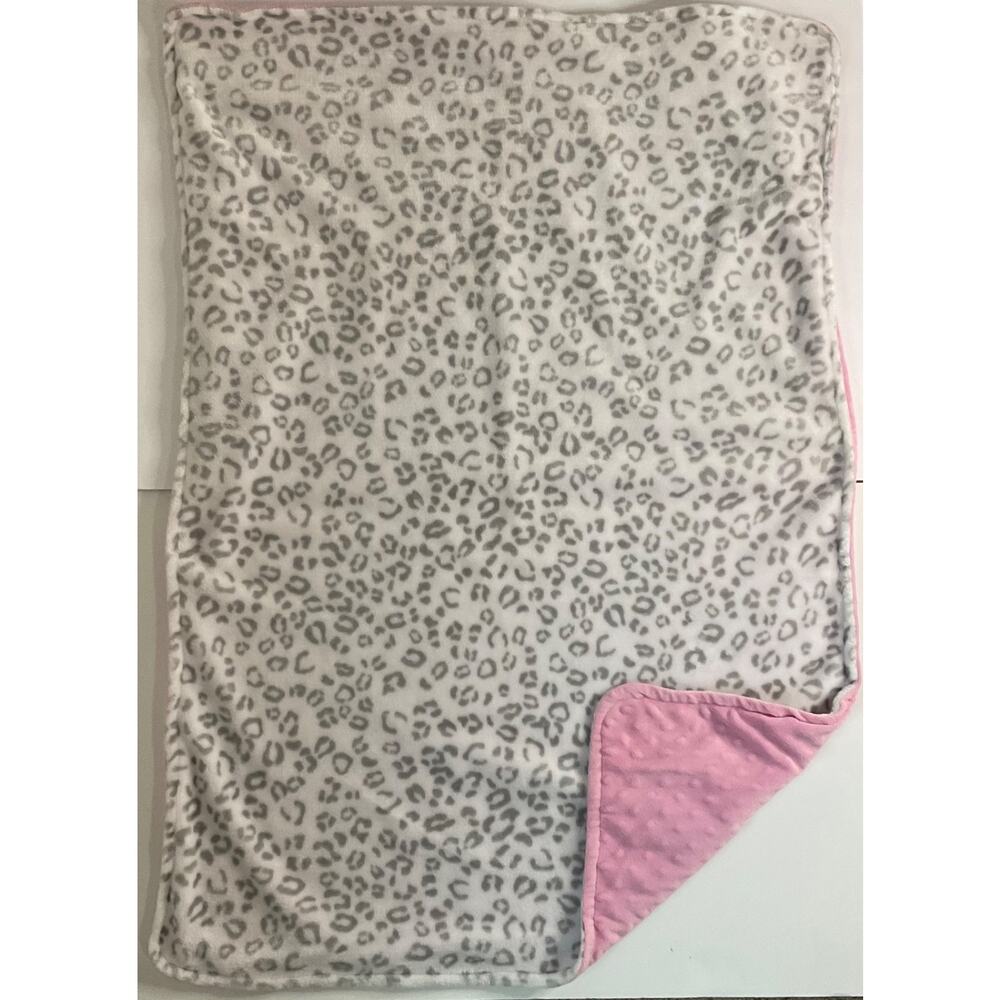 Okiedokie Snow Leopard Minky Dot Heart Pink Baby Blanket Animal Print Gray